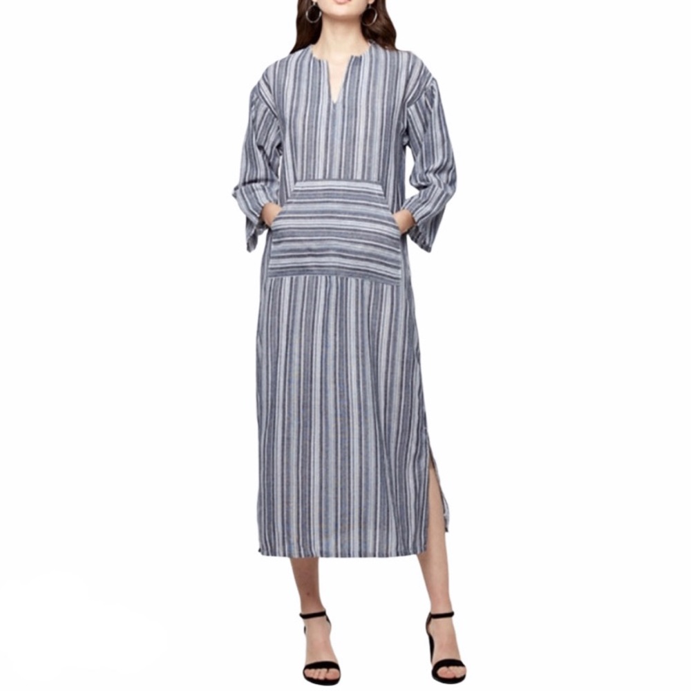 Striped Kaftan Maxi Dress Blue Long Sleeve M